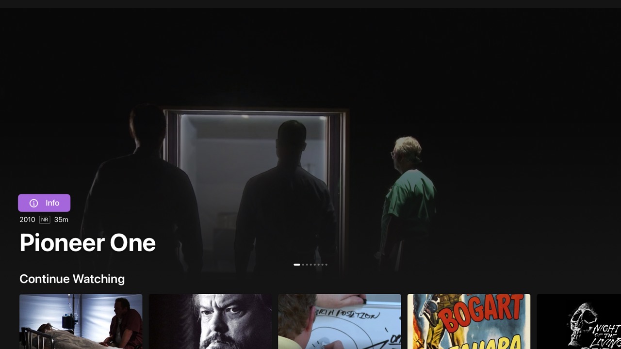Manta's home screen on Apple TV: a full-bleed spotlight banner above rows of artwork